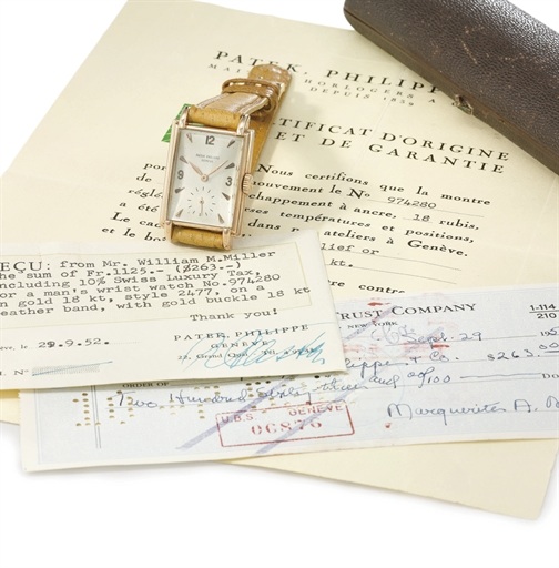 Patek Philippe. A fine and rare 18K pink gold rectangular wristwatch with original certificate, receipt, cheque and box