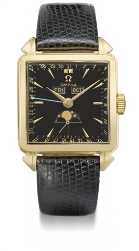 Omega. A fine 18K gold square full calendar wristwatch with moon phases and black dial