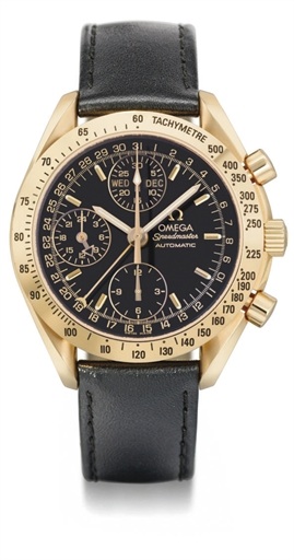 Omega. An 18K pink gold automatic triple calendar chronograph wristwatch with black dial