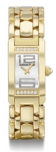 Audemars Piguet. A lady's 18K gold and diamond-set rectangular wristwatch with bracelet