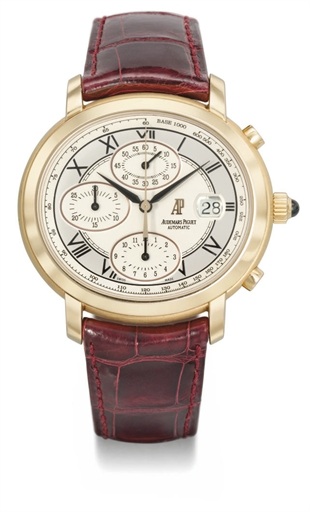 Audemars Piguet. A large 18K pink gold oval automatic chronograph wristwatch with date and two-tone silvered dial