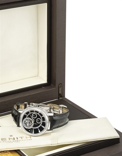 Zenith. A very fine, rare and large 18K white gold limited edition one minute tourbillon chronograph wristwatch with date and black dial