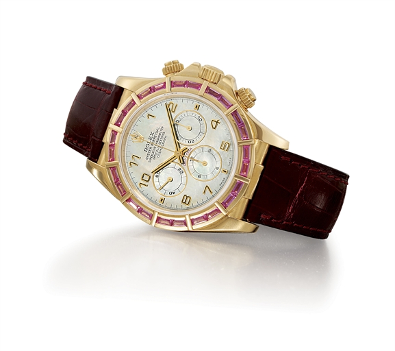 ROLEX, COSMOGRAPH DAYTONA, REF. 16588.YELLOW GOLD AUTOMATIC CHRONOGRAPH WRISTWATCH WITH PINK SAPPHIRE-SET BEZEL AND MOTHER-OF-PEARL DIAL