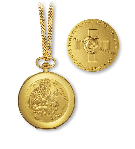 PATEK PHILIPPE, REF. 898.GOLD HUNTER CASE KEYLESS POCKET WATCH WITH MATCHING CHAIN, LIMITED EDITION OF 100 EXAMPLES MADE TO COMMEMORATE THE 50TH ANNIVERSARY OF THE SWISS FEDERAL TARGET SHOOTING FESTIVAL IN LUCERNE, SWITZERLAND