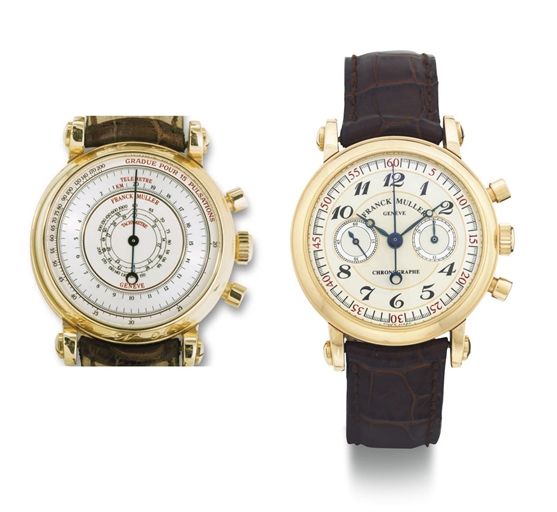 FRANCK MULLER. AN 18K PINK GOLD DOUBLE DIALLED CHRONOGRAPH WRISTWATCH