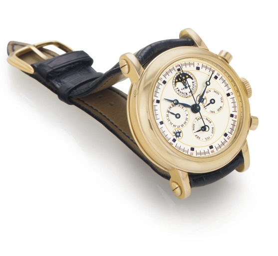 FRANCK MULLER. A RARE LIMITED EDITION 18K PINK GOLD AUTOMATIC PERPETUAL CALENDAR CHRONOGRAPH WRISTWATCH
