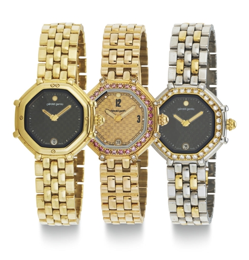 GERALD GENTA. A LOT OF THREE LADY'S QUARTZ WRISTWATCHES WITH BRACELETS