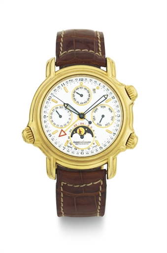 JAEGER-LECOULTRE. AN 18K GOLD AUTOMATIC PERPETUAL CALENDAR WRISTWATCH WITH ALARM, 24 HOUR INDICATION AND MOON PHASES