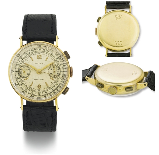 ROLEX. A FINE, RARE AND EARLY 18K GOLD CHRONOGRAPH WRISTWATCH