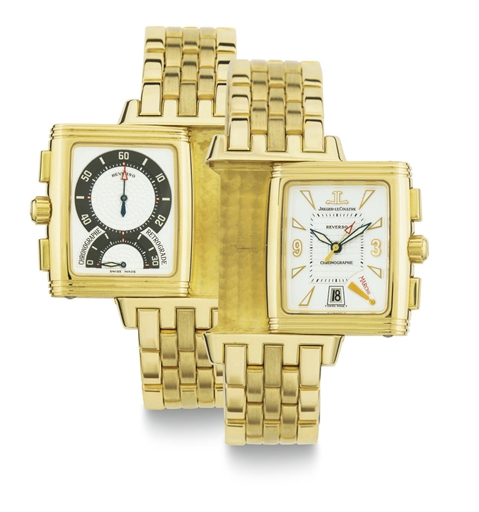 JAEGER-LECOULTRE. A HEAVY 18K GOLD REVERSIBLE DOUBLE DIALLED CHRONOGRAPH WRISTWATCH WITH DATE, RETROGRADE REGISTER, START/STOP INDICATION AND BRACELET