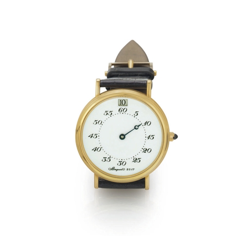 BREGUET. A FINE AND RARE 18K GOLD LIMITED EDITION AUTOMATIC JUMP HOUR WRISTWATCH WITH ENAMEL DIAL