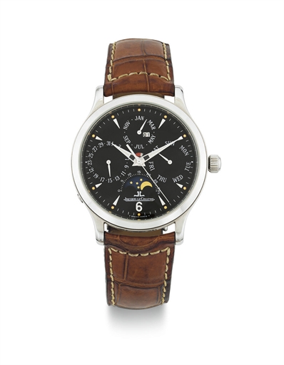 JAEGER-LECOULTRE. A STAINLESS STEEL AUTOMATIC PERPETUAL CALENDAR WRISTWATCH WITH MOON PHASES