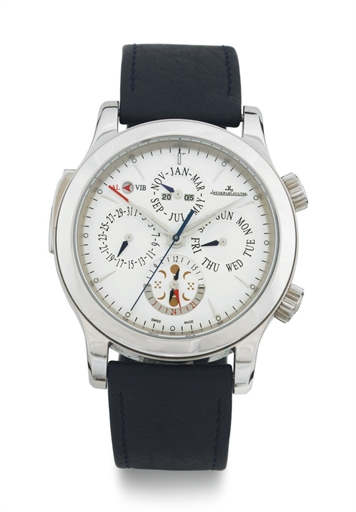 JAEGER-LECOULTRE. A LARGE STAINLESS STEEL AUTOMATIC PERPETUAL CALENDAR WRISTWATCH WITH ALARM, MOON PHASES AND 24 HOUR INDICATION