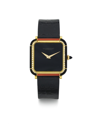 IWC. A LADY'S FINE 18K GOLD, DIAMOND, ONYX AND CORAL WRISTWATCH