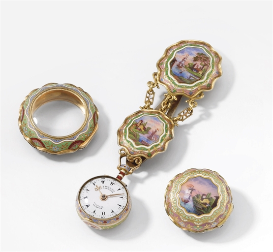 Markwick Markham Perigal. A fine, rare and small 18K gold and enamel triple case verge watch with matching chatelaine, made for the Turkish market