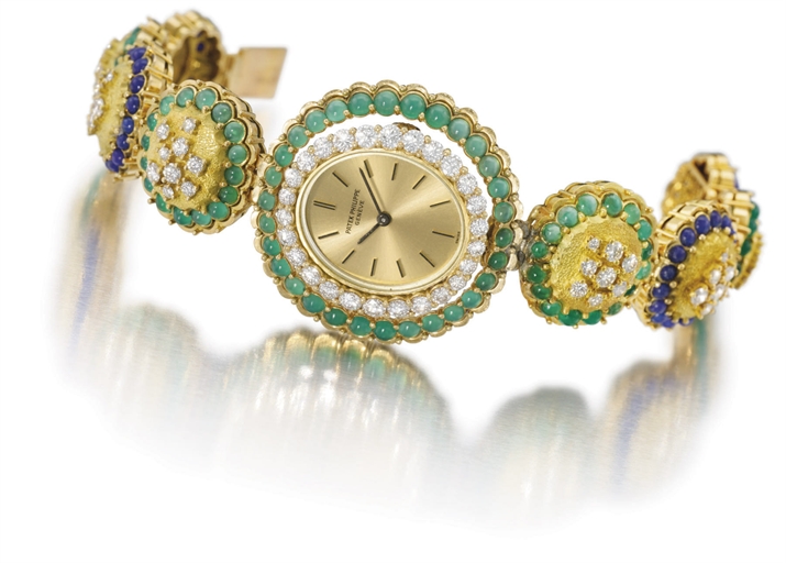 Patek Philippe. A lady's unusual and attractive, possibly unique 18K gold, diamond, lapis lazuli and chrysoprase bracelet watch