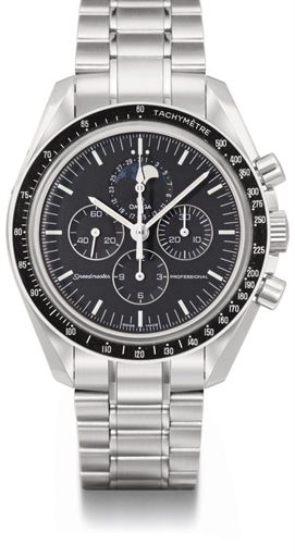 Omega. A stainless steel chronograph wristwatch with date, moon phases and bracelet