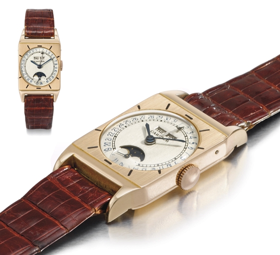 Cartier. A very fine and rare 18K pink gold rectangular triple calendar wristwatch with moon phases
