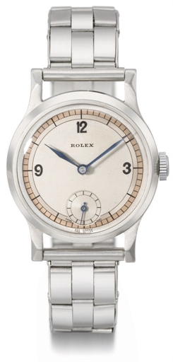 Rolex. A rare and attractive stainless steel wristwatch with roulette dial, unusual angular lugs and bracelet