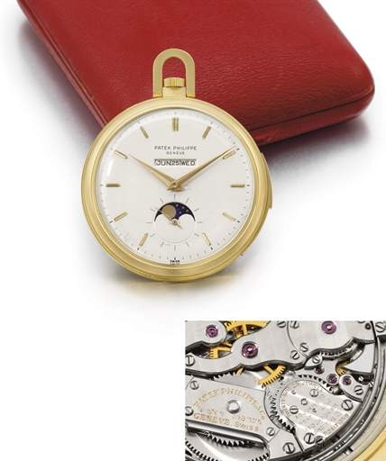 Patek Philippe. A very fine and rare 18K gold openface minute repeating perpetual calendar keyless lever watch with moon phases and box