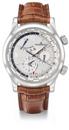Jaeger-LeCoultre. A fine and large stainless steel automatic world time wristwatch with sweep centre seconds, date and power reserve