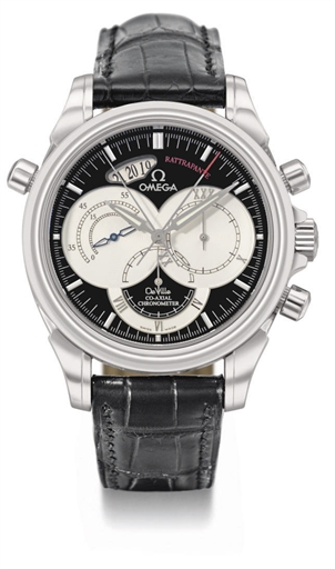 Omega. A large stainless steel automatic split seconds chronograph wristwatch with date and co-axial escapement