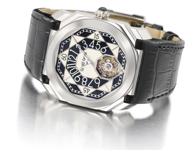 Gerald Genta. A rare and large platinum and tantalum octagonal automatic tourbillon wristwatch with retrograde hours and ceramic dial
