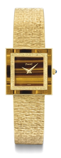 Piaget. An 18K gold square wristwatch with tiger's eye dial and bezel