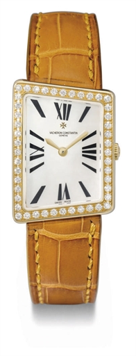 Vacheron Constantin. A lady's fine 18K gold and diamond-set asymmetrical wristwatch with mother-of-pearl dial