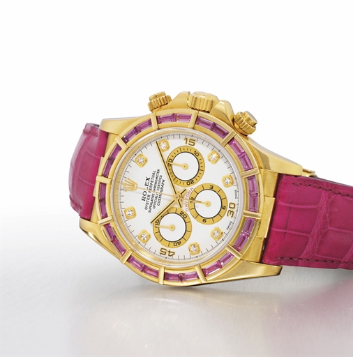 ROLEX, COSMOGRAPH DAYTONA, REF. 16588.YELLOW GOLD AUTOMATIC CHRONOGRAPH WRISTWATCH WITH PINK SAPPHIRE-SET BEZEL AND DIAMOND-SET HOUR MARKERS