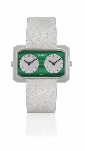 PATEK PHILIPPE, REF. 4404/2.WHITE GOLD MANUALLY-WOUND TWO TIME ZONE BRACELET WATCH AND MALACHITE DIAL