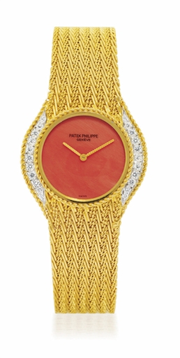 PATEK PHILIPPE, REF. 4306.LADY'S YELLOW GOLD AND DIAMOND-SET MANUALLY-WOUND BRACELET WATCH WITH CORAL DIAL