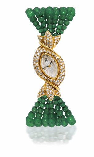 AUDEMARS PIGUET.LADY'S YELLOW GOLD, DIAMOND-SET QUARTZ WRISTWATCH WITH TOURMALINE BEADS BRACELET