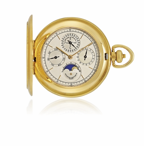 VACHERON CONSTANTIN.YELLOW GOLD PERPETUAL CALENDAR HUNTER CASE KEYLESS LEVER POCKET WATCH WITH PHASES OF THE MOON