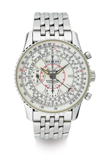 BREITLING. A STAINLESS STEEL AUTOMATIC TRIPLE CALENDAR CHRONOGRAPH WRISTWATCH WITH BRACELET