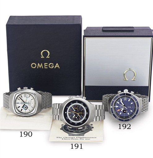 OMEGA. A STAINLESS STEEL AUTOMATIC CHRONOGRAPH WRISTWATCH WITH DATE AND BRACELET