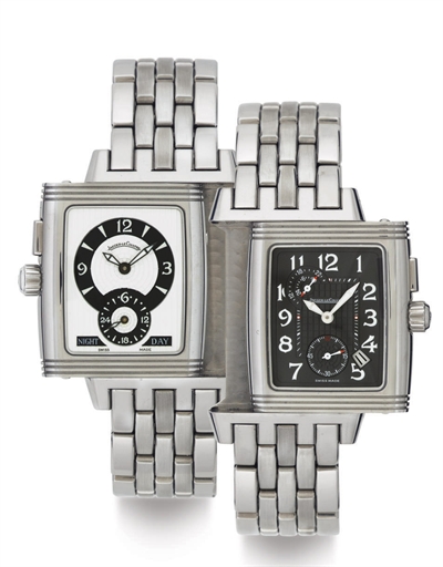 JAEGER-LECOULTRE. A STAINLESS STEEL REVERSIBLE DOUBLE DIALED DUAL TIME WRISTWATCH WITH DATE, NIGHT AND DAY INDICATION AND 24 HOURS