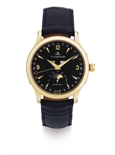 JAEGER-LECOULTRE. AN 18K PINK GOLD AUTOMATIC TRIPLE CALENDAR WRISTWATCH WITH BLACK DIAL AND MOON PHASES