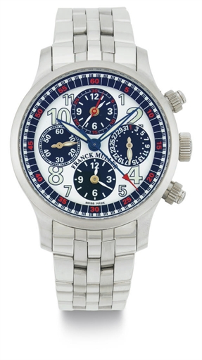 FRANCK MULLER. A LIMITED EDITION STAINLESS STEEL AUTOMATIC TRIPLE TIME ZONE CHRONOGRAPH WRISTWATCH WITH DATE AND BRACELET