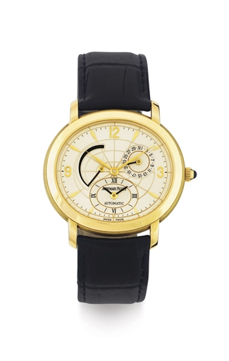 AUDEMARS PIGUET. AN 18K GOLD AUTOMATIC DUAL TIME WRISTWATCH WITH POWER RESERVE AND DATE