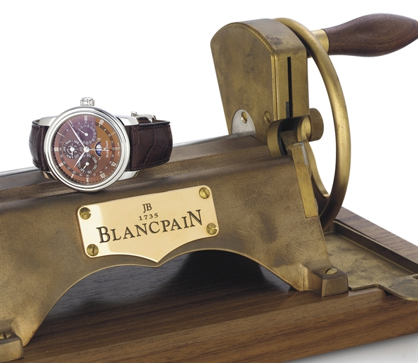 BLANCPAIN. A FINE LIMITED EDITION PLATINUM AUTOMATIC PERPETUAL CALENDAR WRISTWATCH WITH DUAL TIME, MOON PHASES AND CIGAR CUTTER