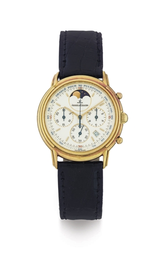 JAEGER-LECOULTRE. AN 18K GOLD CHRONOGRAPH WRISTWATCH WITH DATE, PULSATIONS AND MOON PHASES