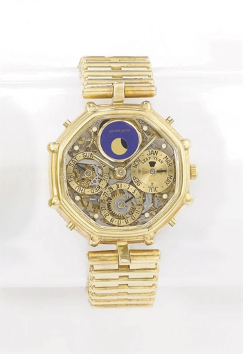 Gerald Genta. An 18K gold octagonal skeletonized automatic perpetual calendar wristwatch with moon phases and bracelet