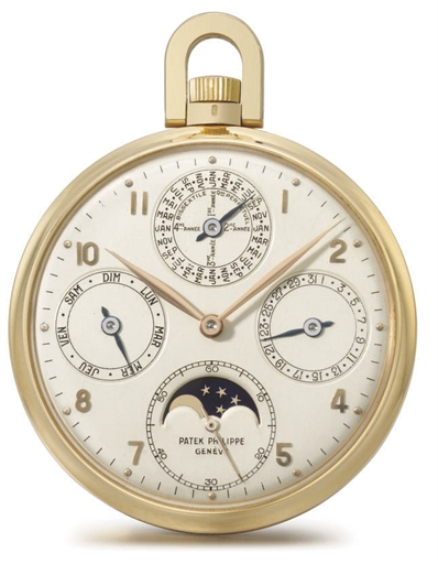 Patek Philippe. A fine and rare 18K pink gold openface perpetual calendar keyless lever watch with moon phases