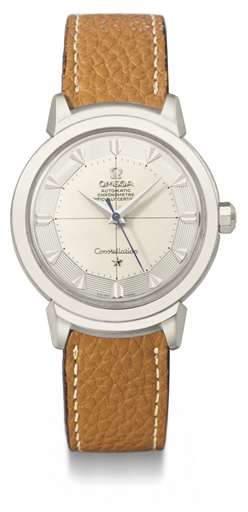 Omega. A very fine and extremely rare 18K white gold automatic wristwatch with sweep centre seconds, hooded lugs and two-tone silvered pie-pan dial