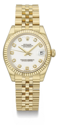 Rolex. A lady's 18K gold and diamond-set automatic wristwatch with sweep centre seconds, date and bracelet