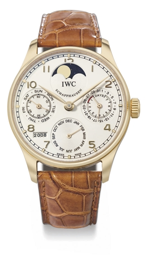 IWC. A fine and large 18K pink gold automatic perpetual calendar wristwatch with 7-day power reserve and moon phases