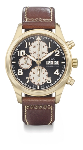 IWC. A very fine and rare 18K pink gold limited edition automatic chronograph wristwatch with calendar, hack feature and tobacco brown dial