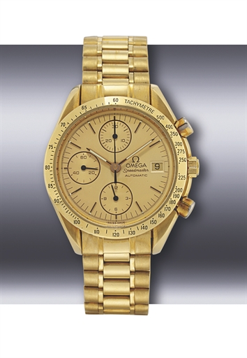 OMEGA, SPEEDMASTER PROFESSIONAL.YELLOW GOLD AUTOMATIC CHRONOGRAPH BRACELET WATCH WITH DATE DISPLAY