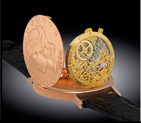 AUDEMARS PIGUET.TWO COLOURED GOLD MANUALLY-WOUND COIN FORM WRISTWATCH WITH SKELETONISED DIAL